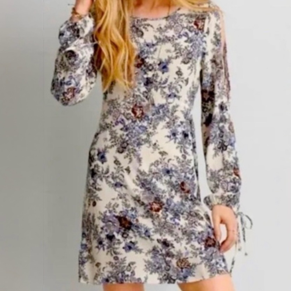 American Eagle White Blue Floral Split Long Sleeve Keyhole Dress Sz XS Like New